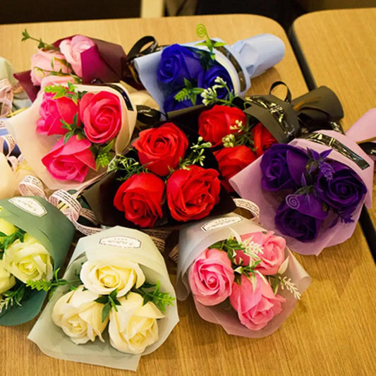 3 Heads Mini Artificial Rose Bouquet Hand Holding Soap Flower